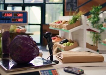 Digital price computing scale at a deli counter displaying weight, price per pound, and total price simultaneously to both operator and customer