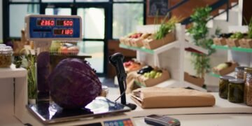 Digital price computing scale at a deli counter displaying weight, price per pound, and total price simultaneously to both operator and customer