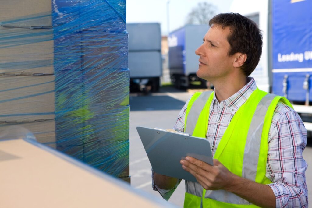 Warehouse receiving team verifying inbound pallet weight on a floor scale against the purchase order and bill of lading before accepting delivery