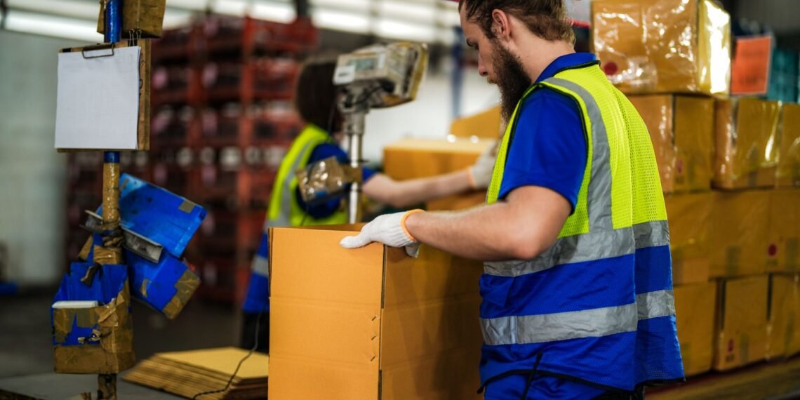 Digital shipping scale on a warehouse packing station bench with packages being weighed before dispatch