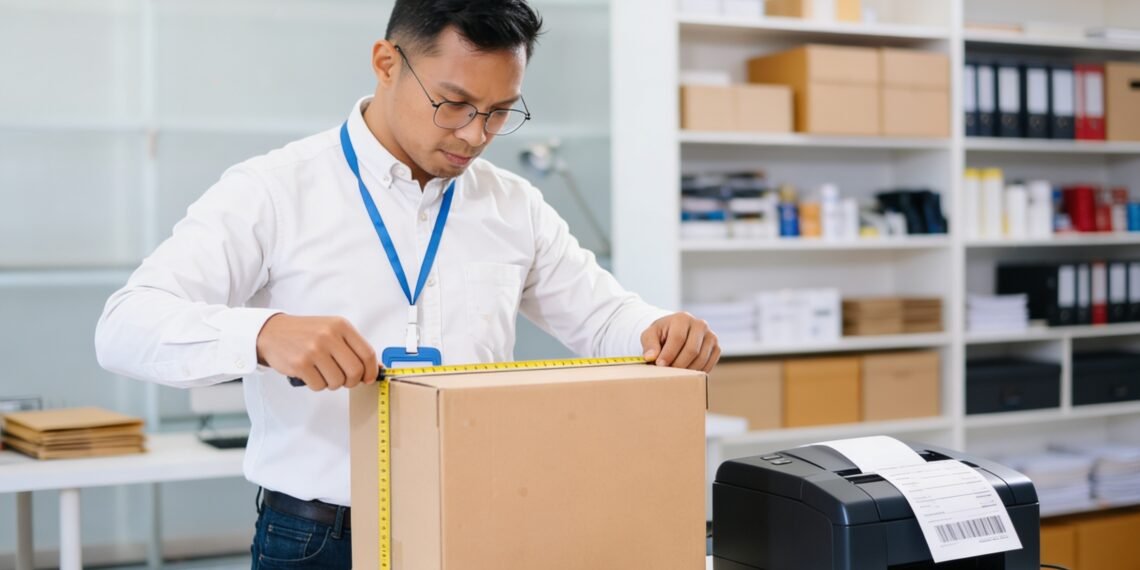 E-commerce worker at a packing station measuring package dimensions and weighing on a shipping scale to compare actual weight vs dimensional weight before generating a shipping label