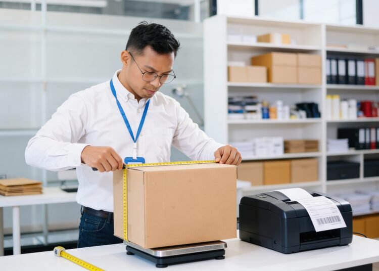 E-commerce worker at a packing station measuring package dimensions and weighing on a shipping scale to compare actual weight vs dimensional weight before generating a shipping label