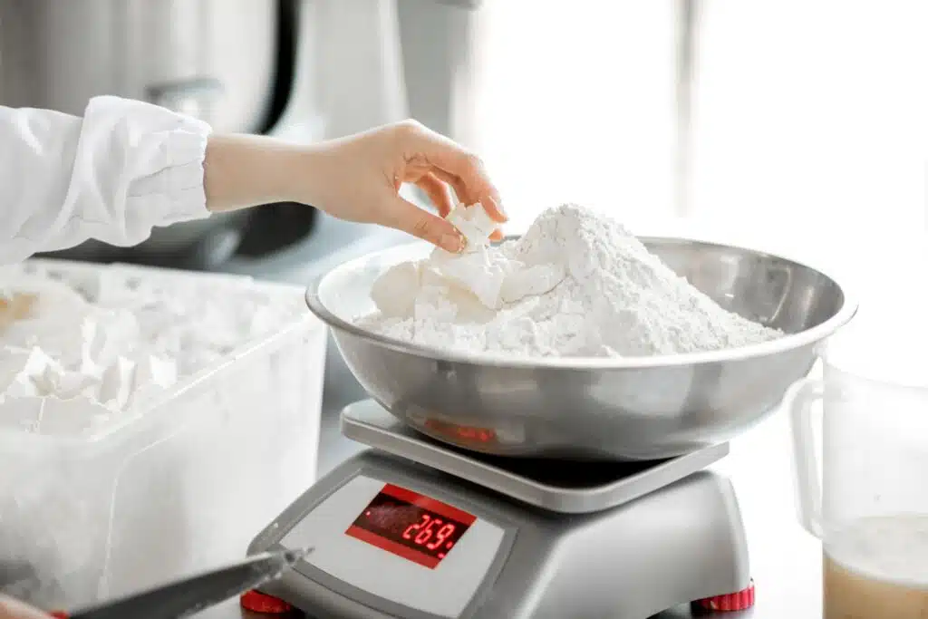 Stainless steel washdown bench scale with IP67 rating on a food processing production line for portion control and ingredient verification