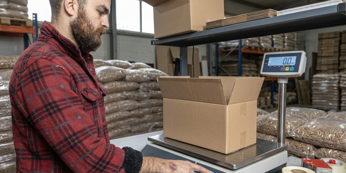 Warehouse operator pressing the tare button on a digital scale at a packing station to zero out the weight of the empty shipping box before adding the product