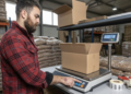 Warehouse operator pressing the tare button on a digital scale at a packing station to zero out the weight of the empty shipping box before adding the product