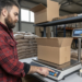 Warehouse operator pressing the tare button on a digital scale at a packing station to zero out the weight of the empty shipping box before adding the product