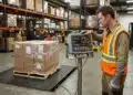 Warehouse operator reading the digital display on an industrial floor scale showing gross weight net weight and stability indicator