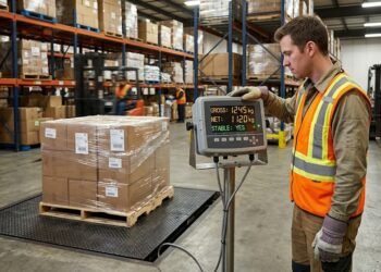 Warehouse operator reading the digital display on an industrial floor scale showing gross weight net weight and stability indicator