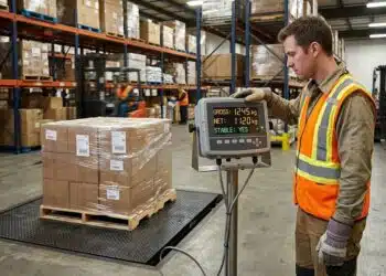 Warehouse operator reading the digital display on an industrial floor scale showing gross weight net weight and stability indicator