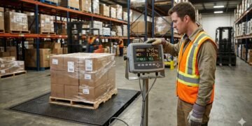 Warehouse operator reading the digital display on an industrial floor scale showing gross weight net weight and stability indicator