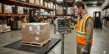 Warehouse operator reading the digital display on an industrial floor scale showing gross weight net weight and stability indicator