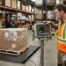 Warehouse operator reading the digital display on an industrial floor scale showing gross weight net weight and stability indicator