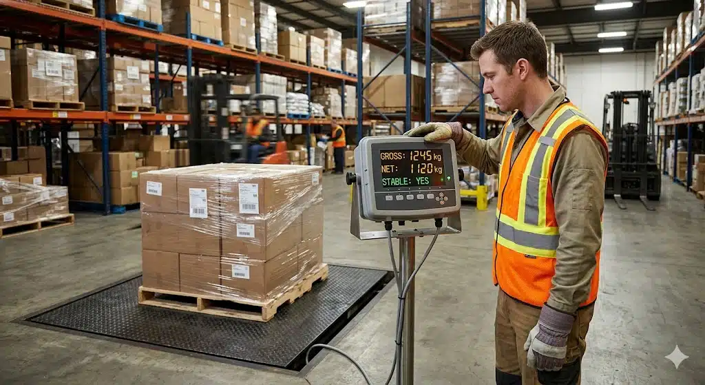 Warehouse operator reading the digital display on an industrial floor scale showing gross weight net weight and stability indicator