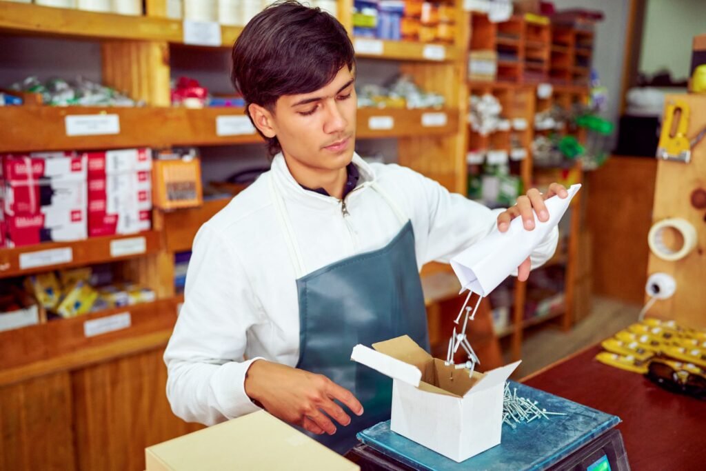 Packing station operator using preset tare on a digital shipping scale with standardized shipping boxes of known weight