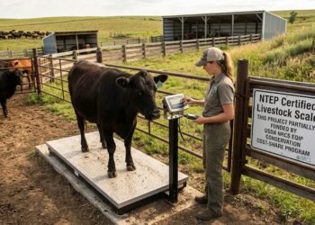 Cattle producer using an NTEP-certified livestock scale on a farm funded through USDA NRCS EQIP conservation cost-share program