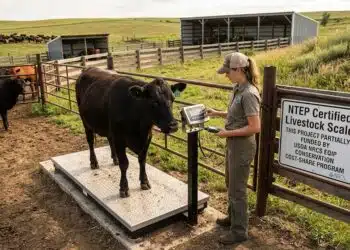 Cattle producer using an NTEP-certified livestock scale on a farm funded through USDA NRCS EQIP conservation cost-share program