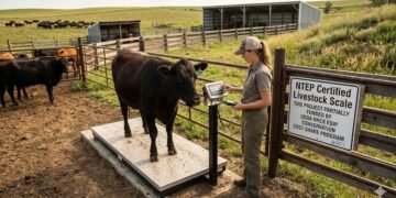 Cattle producer using an NTEP-certified livestock scale on a farm funded through USDA NRCS EQIP conservation cost-share program