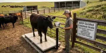 Cattle producer using an NTEP-certified livestock scale on a farm funded through USDA NRCS EQIP conservation cost-share program