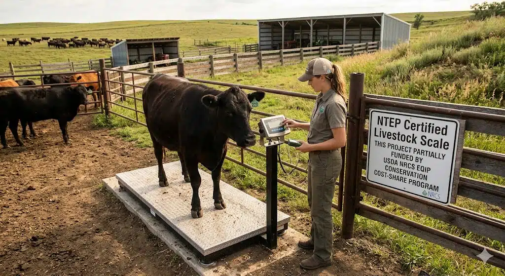 Cattle producer using an NTEP-certified livestock scale on a farm funded through USDA NRCS EQIP conservation cost-share program