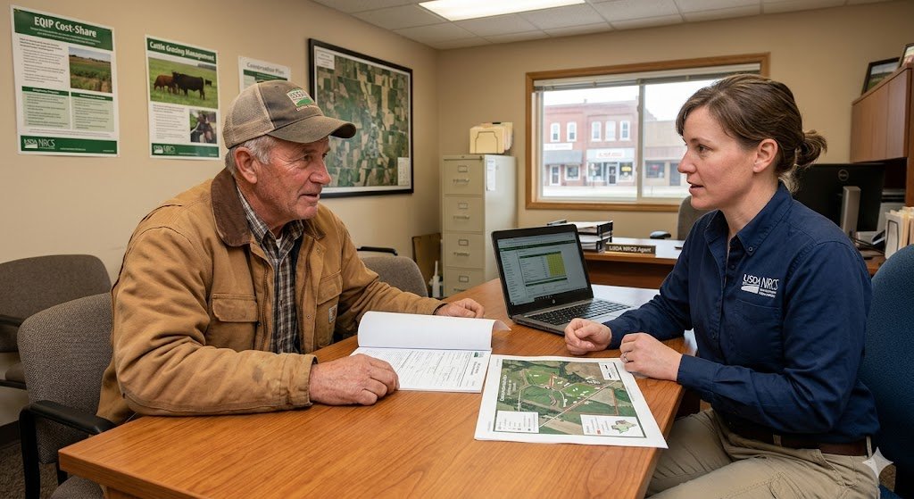 Farmer meeting with USDA NRCS agent at a local service center to discuss EQIP conservation cost-share application for livestock management practices