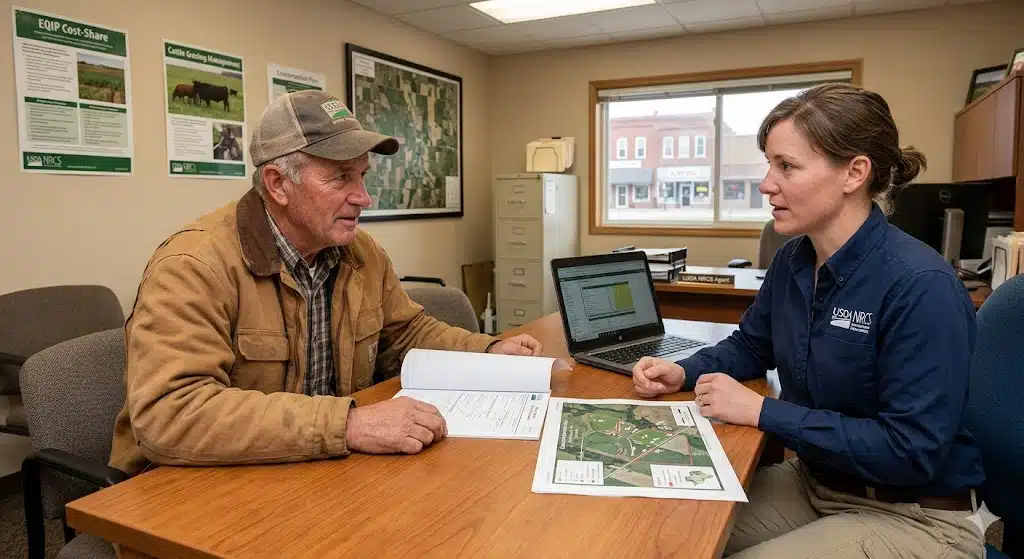 Farmer meeting with USDA NRCS agent at a local service center to discuss EQIP conservation cost-share application for livestock management practices