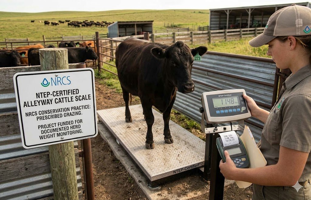NTEP-certified cattle alleyway scale installed on a farm as part of an NRCS prescribed grazing conservation practice with documented weight monitoring