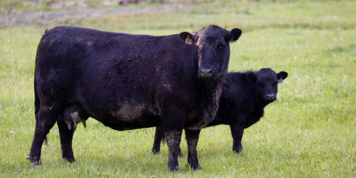 Newborn Angus beef calf standing beside its dam on a grass pasture