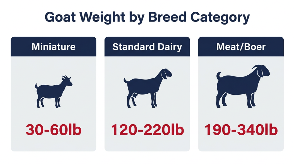 Goat weight by breed category chart from miniature to meat breeds