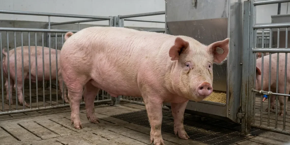 Market-weight commercial hog at approximately 270 pounds in a finishing pen
