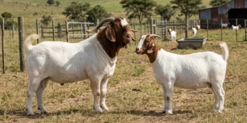 Mature Boer goat buck and doe showing typical breed size difference