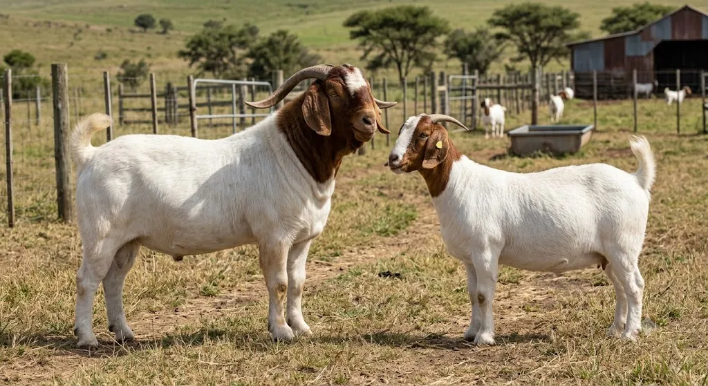 Mature Boer goat buck and doe showing typical breed size difference