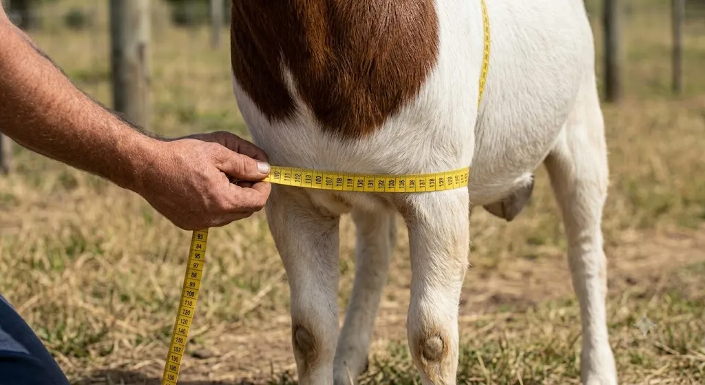 Measuring goat heart girth with a flexible tape measure behind the front legs