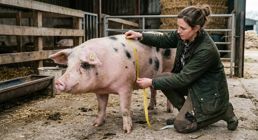Measuring pig heart girth with a flexible tape measure behind the front legs
