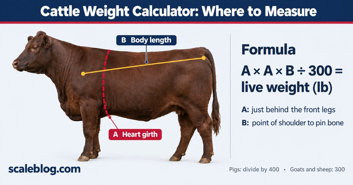 Cattle weight calculator diagram showing where to measure heart girth and body length on a cow