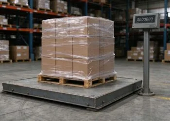 Floor scale with a shrink-wrapped pallet on the steel platform and a post-mounted weight indicator in a warehouse