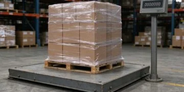 Floor scale with a shrink-wrapped pallet on the steel platform and a post-mounted weight indicator in a warehouse