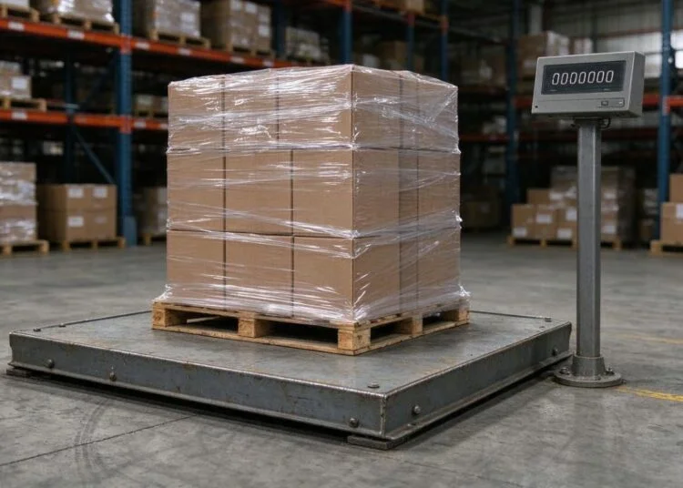 Floor scale with a shrink-wrapped pallet on the steel platform and a post-mounted weight indicator in a warehouse