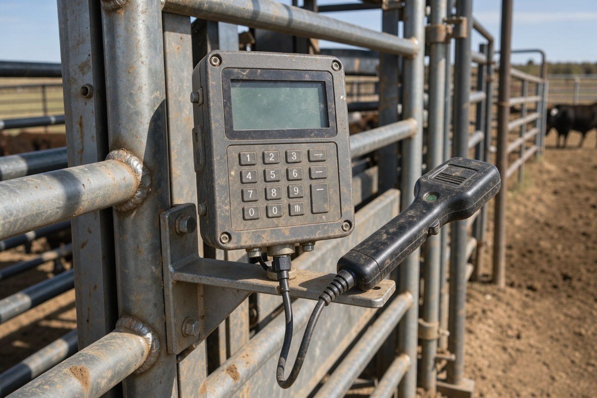 Weatherproof weight indicator with keypad and a handheld EID tag reader mounted on a bracket beside a cattle chute