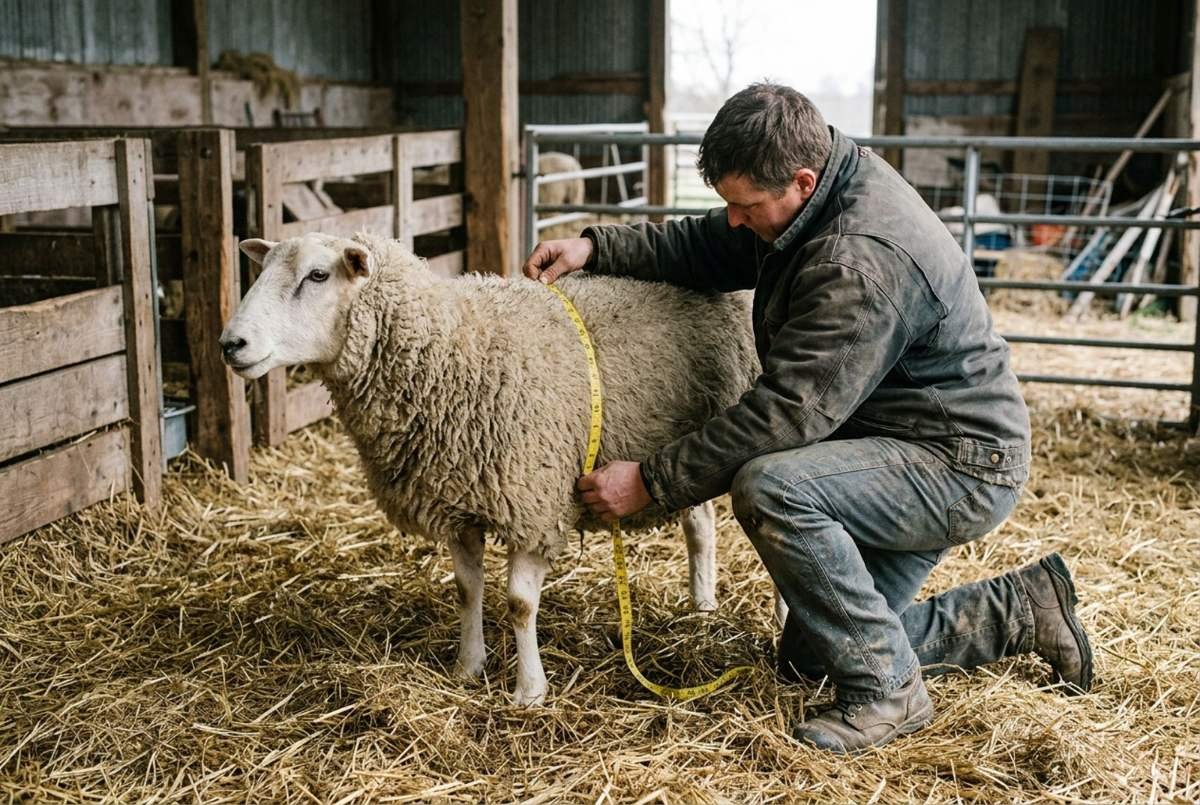 Farmer measuring a ewe’s heart girth with a soft tape wrapped around the chest just behind the front legs