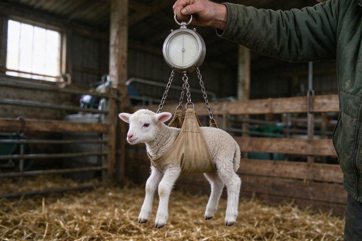 Newborn lamb lifted in a canvas sling hanging from a dial hanging scale in a barn