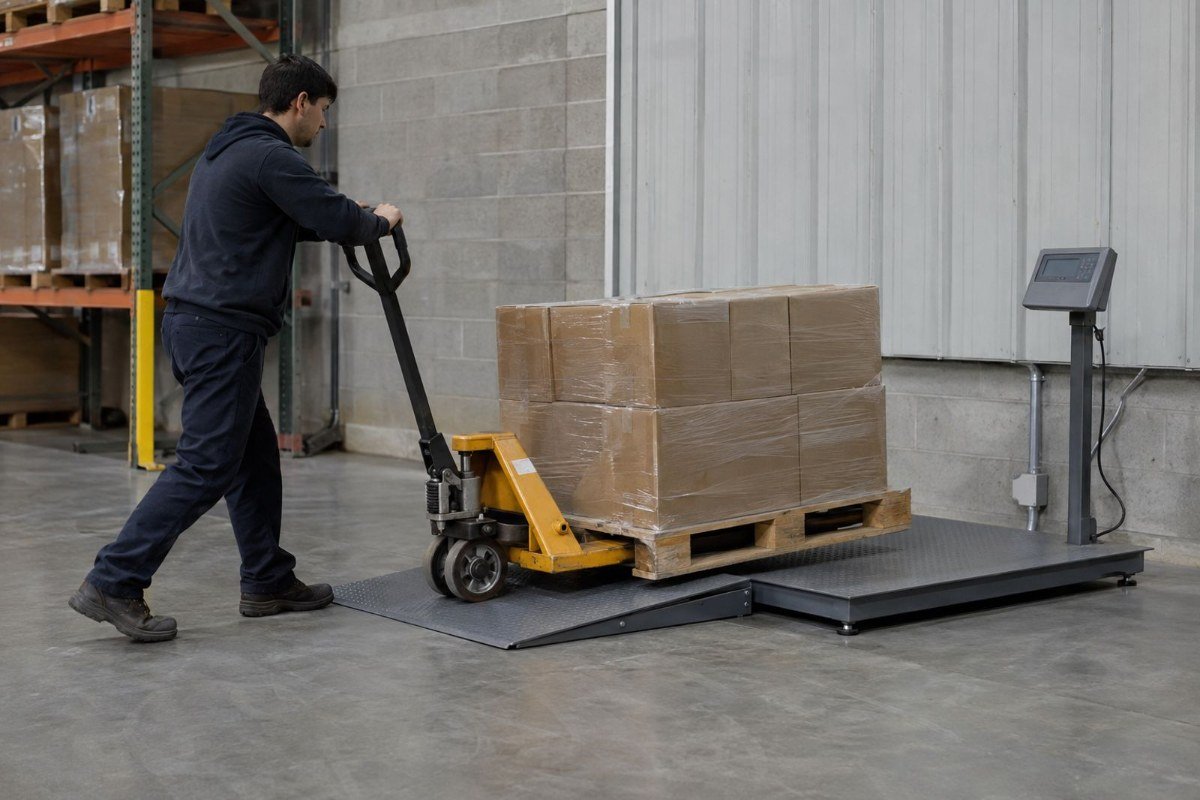 Worker pushing a pallet jack with a loaded pallet up an access ramp onto a low-profile platform scale