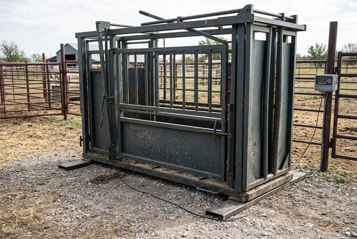 Steel cattle squeeze chute resting on two load bars on a gravel pad, cabled to a post-mounted weight indicator