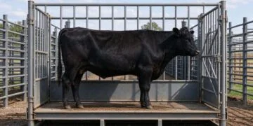 Black Angus steer standing in a livestock scale box with gates at both ends in a ranch working alley