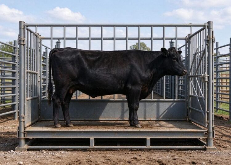 Black Angus steer standing in a livestock scale box with gates at both ends in a ranch working alley