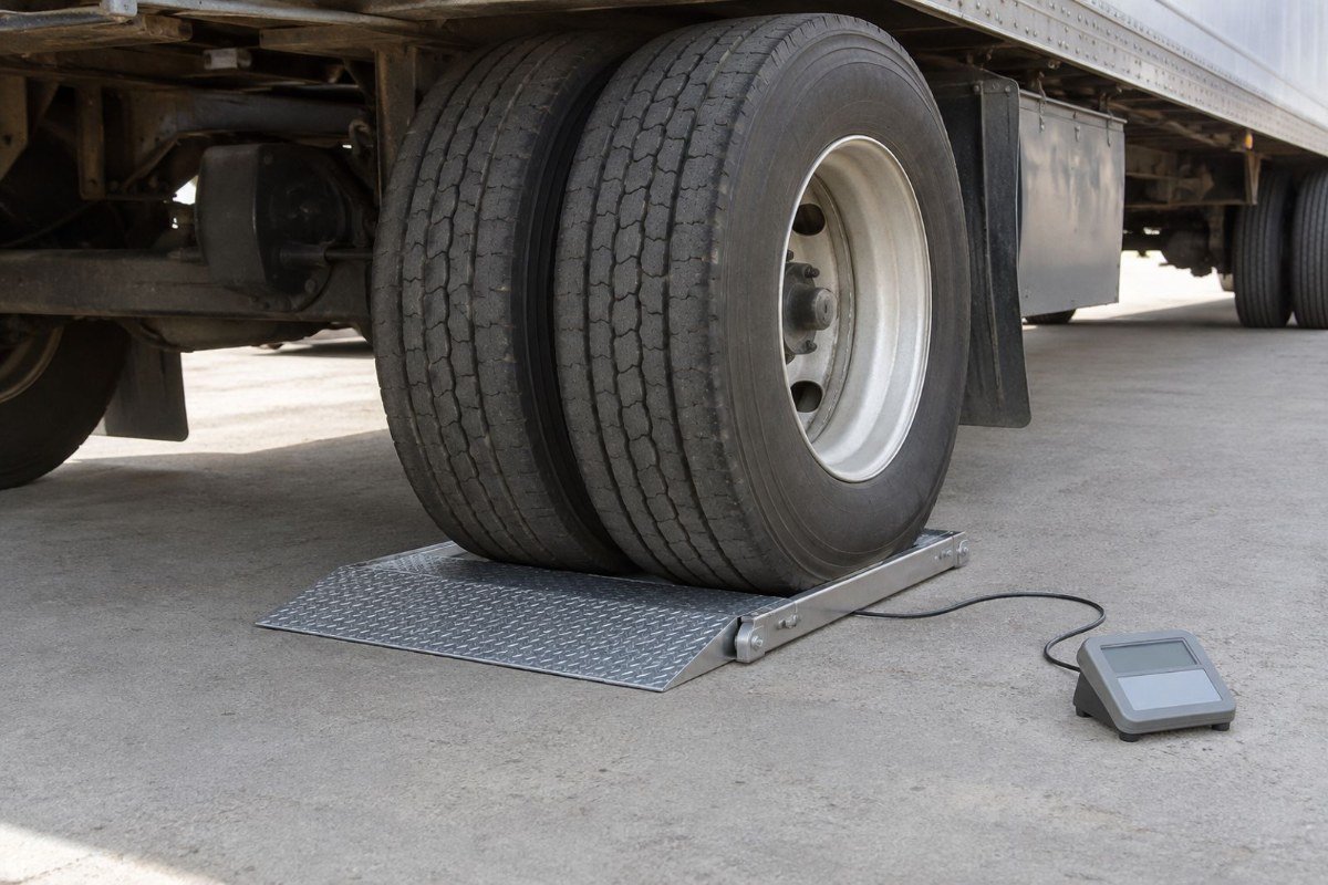 Dual tires of a semi-trailer resting on a portable wheel weighing pad cabled to a small indicator