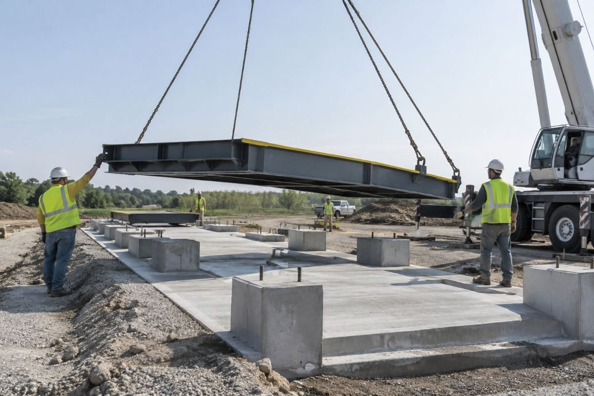 Crane lowering a steel weighbridge deck module onto a new concrete foundation with raised piers